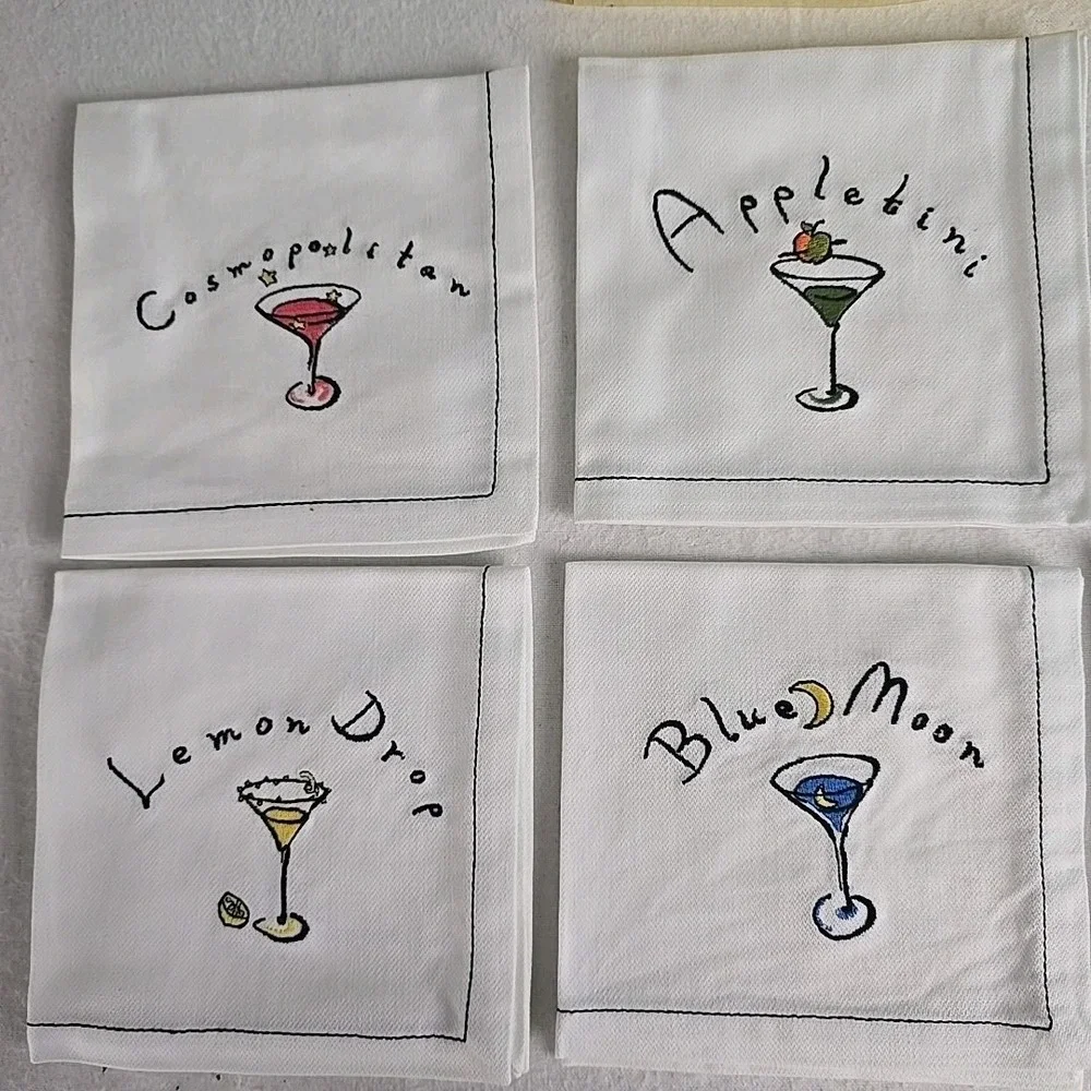 Pottery Barn VTG Embroidered Martini 8 Cocktail Napkins Party
